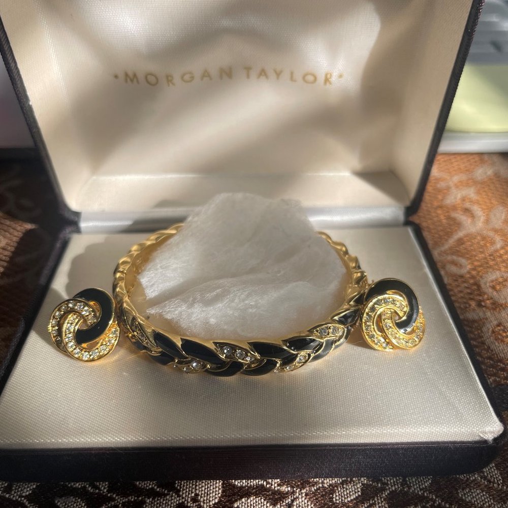 Morgan Taylor Black & Gold Enamel Rhinestone Bracelet with Matching Earrings